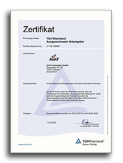 AVAT Karriere - Ausgezeichneter Arbeitgeber - Zertifizierung vom TÜV Rheinland: Ausgezeichneter Arbeitgeber