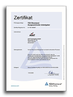 AVAT Karriere - Ausgezeichneter Arbeitgeber - Zertifizierung vom TÜV Rheinland: Ausgezeichneter Arbeitgeber